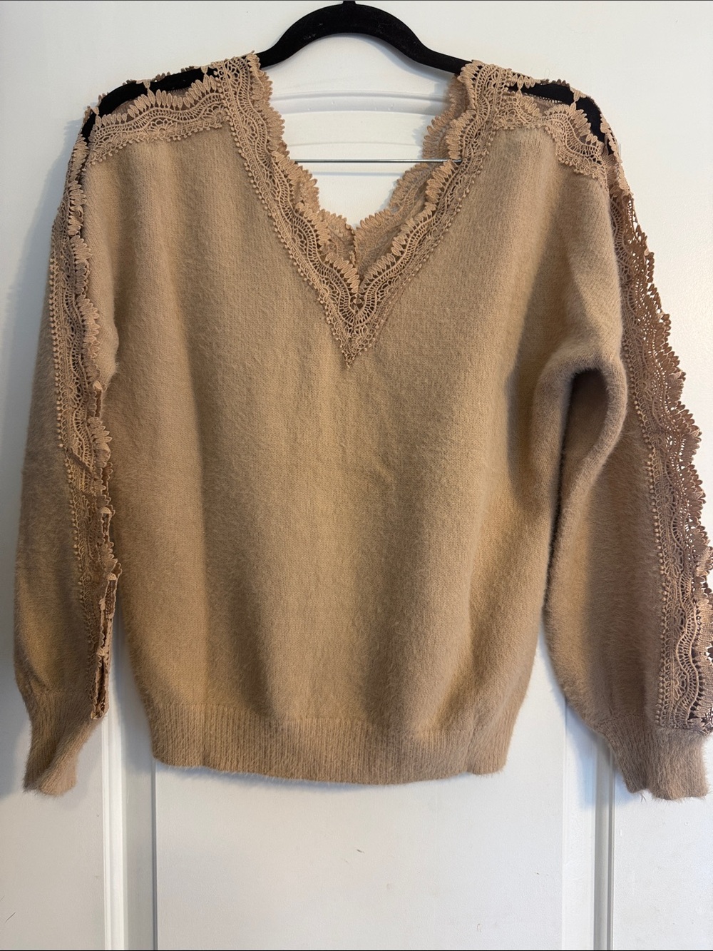 Mishka Lace-Trim V-Neck Sweater in Beige